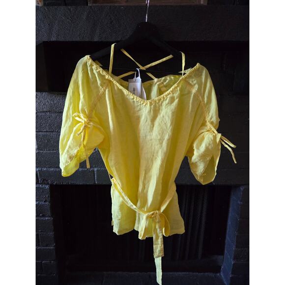 120% LINO Lemonade Yellow Linen Tie Waist Lightweight Blouse size xs 40 - Picture 3 of 7